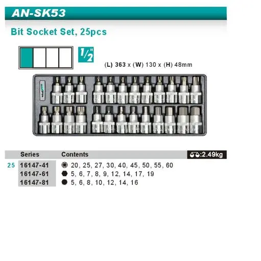 Фото №2 - Набір головок зі вставкою Hex, Torx, Spline 1/2" 25од ложемент