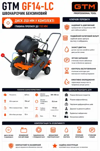 Фото №2 - Швонарізчик GTM GF14-LC дв. Loncin G200F, 6.5к.с., круг 350мм в комплекті